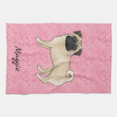 Fawn Mops Hund Niedlichen Mops und rosa Herzen mit Geschirrtuch (Horizontal)