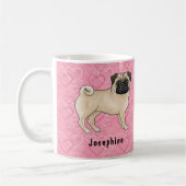 Fawn Mops Hund Niedlichen Mops und rosa Herzen mit Kaffeetasse (Links)