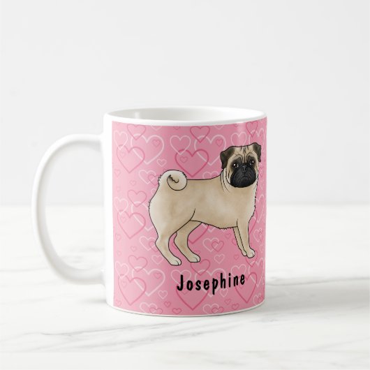 Fawn Mops Hund Niedlichen Mops und rosa Herzen mit Kaffeetasse (Links)