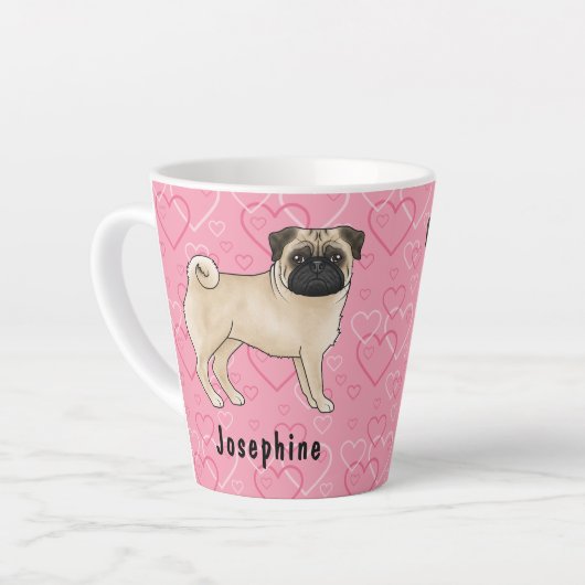 Fawn Mops Hund Niedlichen Mops und rosa Herzen mit Milchtasse (Linke Ecke)
