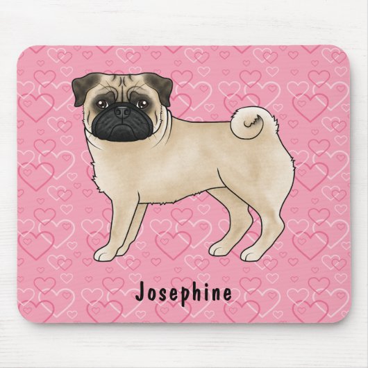 Fawn Mops Hund Niedlichen Mops und rosa Herzen mit Mousepad (Vorne)