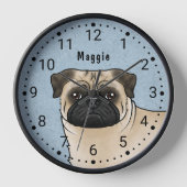 Fawn Mops Hunde Rasse Kopf Nah-up und Name blau Uhr (Vorderseite)