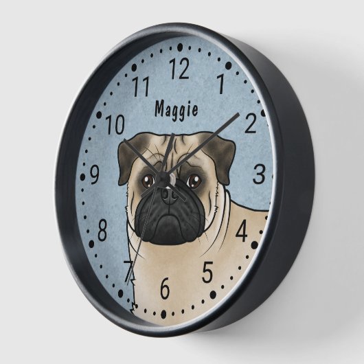 Fawn Mops Hunde Rasse Kopf Nah-up und Name blau Uhr (Winkel)