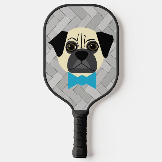 Fawn Mops mit Bowtie, Herringbone grau Pickleball Schläger (Rückseite)