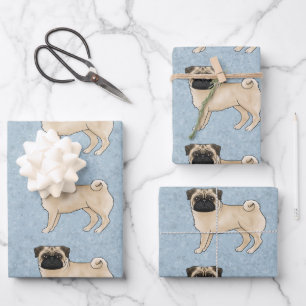 Fawn Mops Mops Hunde Zucht Design Muster auf blau Geschenkpapier Set