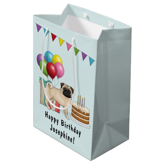 Fawn Mops Niedlich Cartoon Dog farbenfrohe Happy B Mittlere Geschenktüte (Rückseite Schrägansicht)