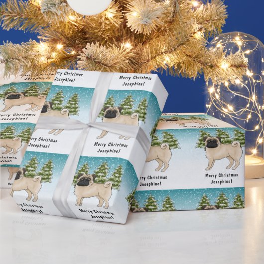 Fawn Mops Niedlich Cartoon Dog Schneewald Geschenkpapier (Feiertage)