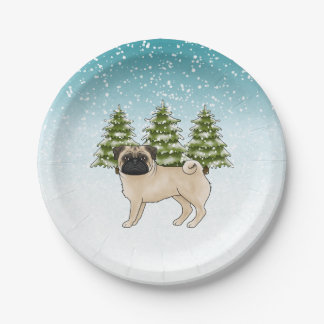 Fawn Mops Niedlich Cartoon Dog Schneewald Pappteller
