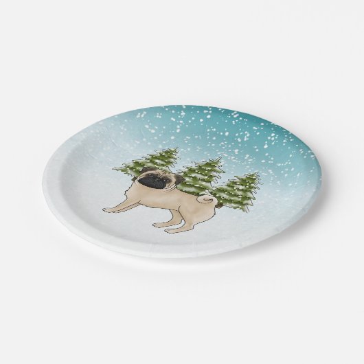 Fawn Mops Niedlich Cartoon Dog Schneewald Pappteller (Schrägansicht)