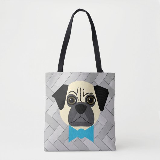 Fawn Mops with Bowtie, Herringbone grau Tasche (Vorderseite)