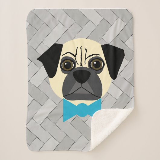 Fawn Pug with bowtie, Herringbone grey Sherpadecke (Vorderseite)