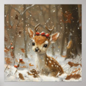 Fawn Red Berries Snow Forest Falling Blätter Poster (Vorne)
