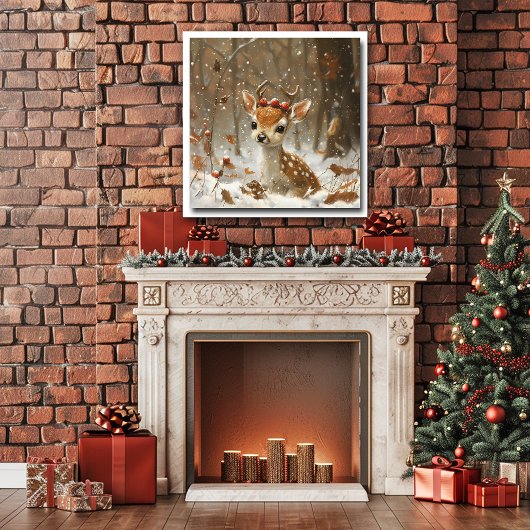 Fawn Red Berries Snow Forest Falling Blätter Poster