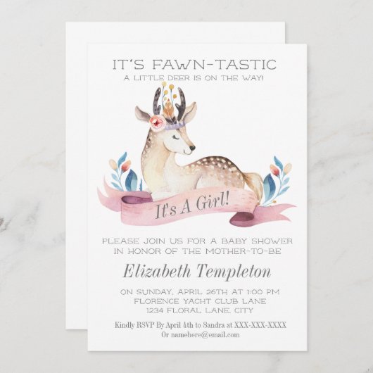 Fawntastic Deer It's a Girl Baby Shower Einladung (Vorne/Hinten)