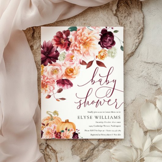 Faye Burgundy Bloral Herbst Babydusche Einladung