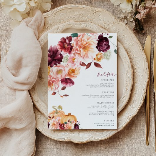 Faye Burgundy Fall Floral Menu Einladung