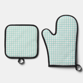 Faye und Lauren Aqua Blau Gingham 1 Ofenhandschuh & Topflappen-Set