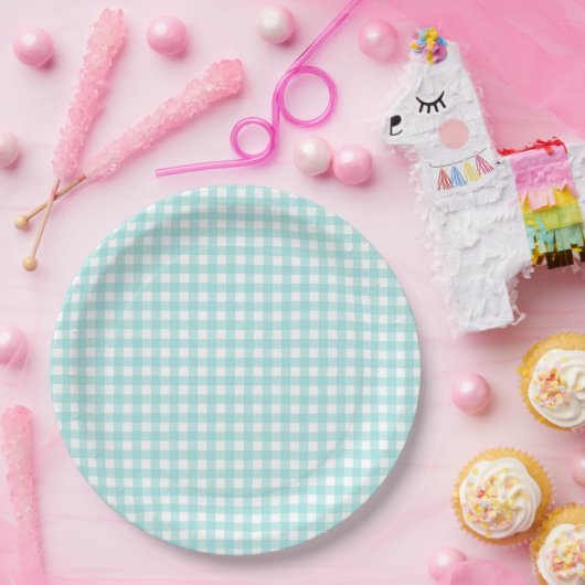 Faye und Lauren Aqua Blue Gingham Pappteller (Party)