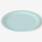 Faye und Lauren Aqua Blue Gingham Pappteller (Schrägansicht)