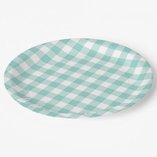 Faye und Lauren Aqua Kariert Pappteller (Schrägansicht)