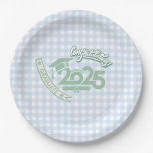 Faye und Lauren Light Blue Gingham Abschluss 2025 Pappteller