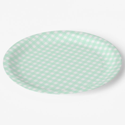 Faye und Lauren Pastel Gingham Green Pappteller (Schrägansicht)