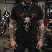 Fear Nothing Red Horned Skull Graphic T-Shirt