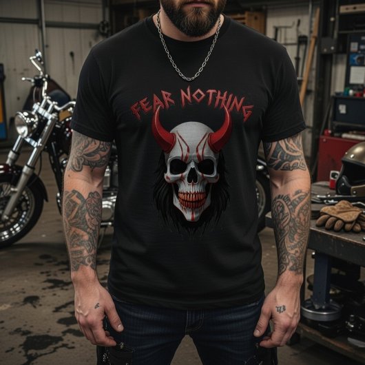 Fear Nothing Red Horned Skull Graphic T-Shirt