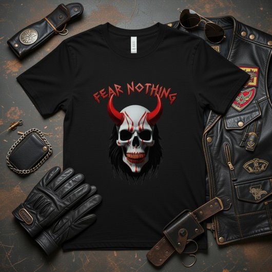 Fear Nothing Red Horned Skull Graphic T-Shirt
