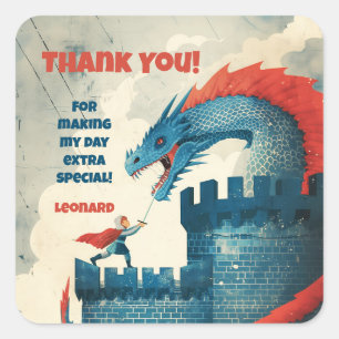 Fearless Knight and Dragon Birthday Party Quadratischer Aufkleber