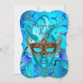 Feather Aquamarin Gold Masquerade Party Einladung (Vorderseite)