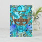 Feather Aquamarin Gold Masquerade Party laden Einladung (Stehend Vorderseite)