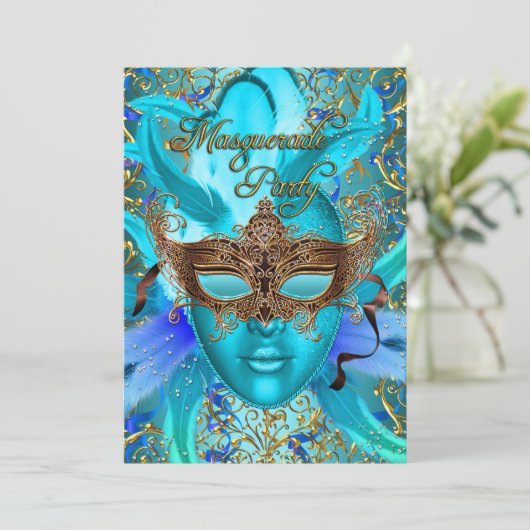Feather Aquamarin Gold Masquerade Party laden Einladung (Stehend Vorderseite)