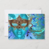 Feather Aquamarin Goldmaske Masquerade Party UAWG RSVP Karte (Vorderseite)