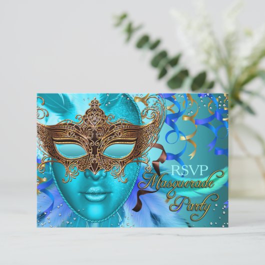 Feather Aquamarin Goldmaske Masquerade Party UAWG RSVP Karte (Stehend Vorderseite)