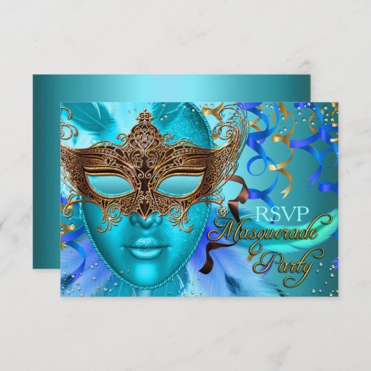 Feather Aquamarin Goldmaske Masquerade Party UAWG RSVP Karte (Vorne/Hinten)