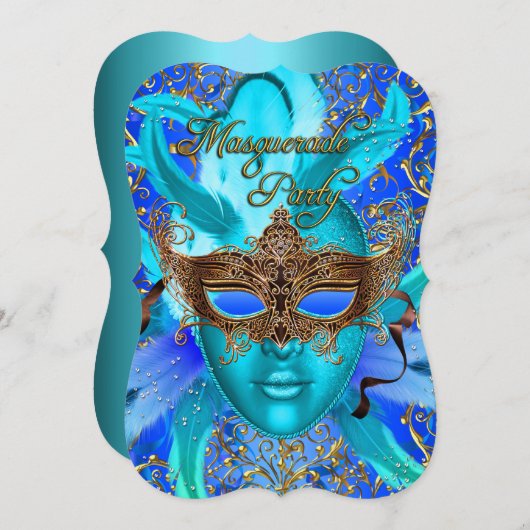Feather Blue & Gold Masquerade Party laden Einladung (Vorne/Hinten)