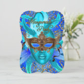 Feather Blue & Gold Masquerade Party laden Einladung (Stehend Vorderseite)