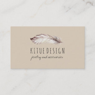 Feather Boho Girly Feminine Beige Gray Visitenkarte