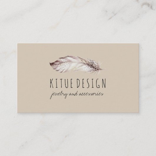 Feather Boho Girly Feminine Beige Gray Visitenkarte (Vorderseite)