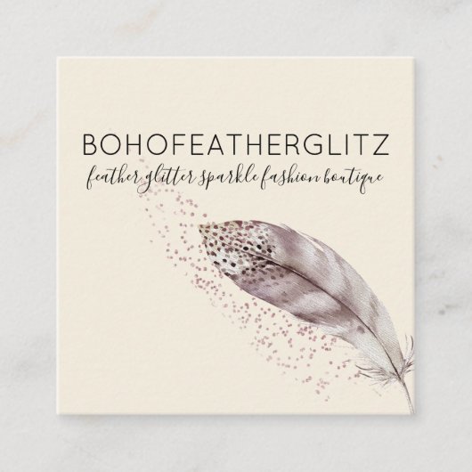 Feather Boho Glitter beige Elegant Quadratische Visitenkarte (Vorderseite)