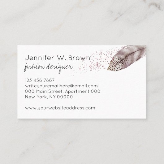 Feather Boho Glitzer Wasserfarbe Handgezeichnet ru Visitenkarte (Rückseite)