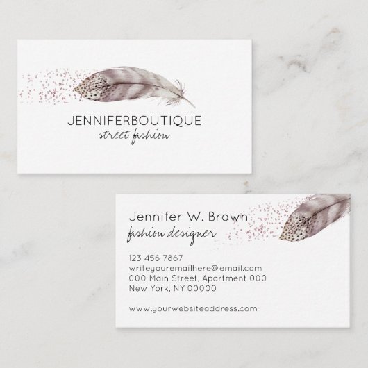 Feather Boho Glitzer Wasserfarbe Handgezeichnet ru Visitenkarte (Vorne/Hinten)