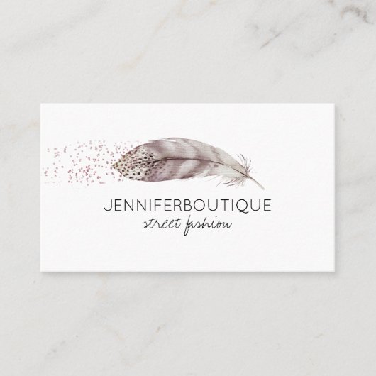 Feather Boho Glitzer Wasserfarbe Handgezeichnet ru Visitenkarte (Vorderseite)
