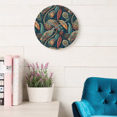 Feather Floral Paisley Abstrakt Ethnic Swirl Große Wanduhr