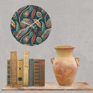 Feather Floral Paisley Abstrakt Ethnic Swirl Große Wanduhr