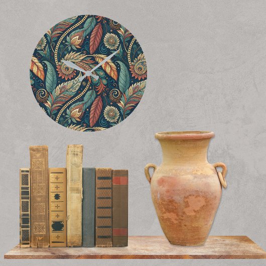 Feather Floral Paisley Abstrakt Ethnic Swirl Große Wanduhr