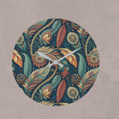 Feather Floral Paisley Abstrakt Ethnic Swirl Große Wanduhr