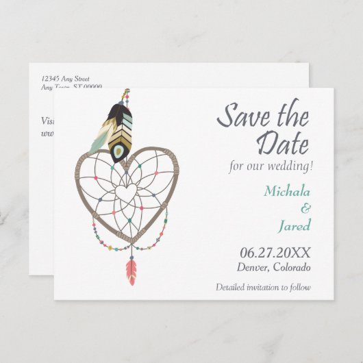 Feather Heart Dreamcatcher Save the Date Hochzeit Ankündigungspostkarte (Vorne/Hinten)