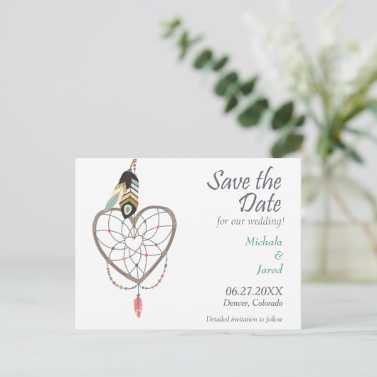 Feather Heart Dreamcatcher Save the Date Hochzeit Ankündigungspostkarte (Stehend Vorderseite)
